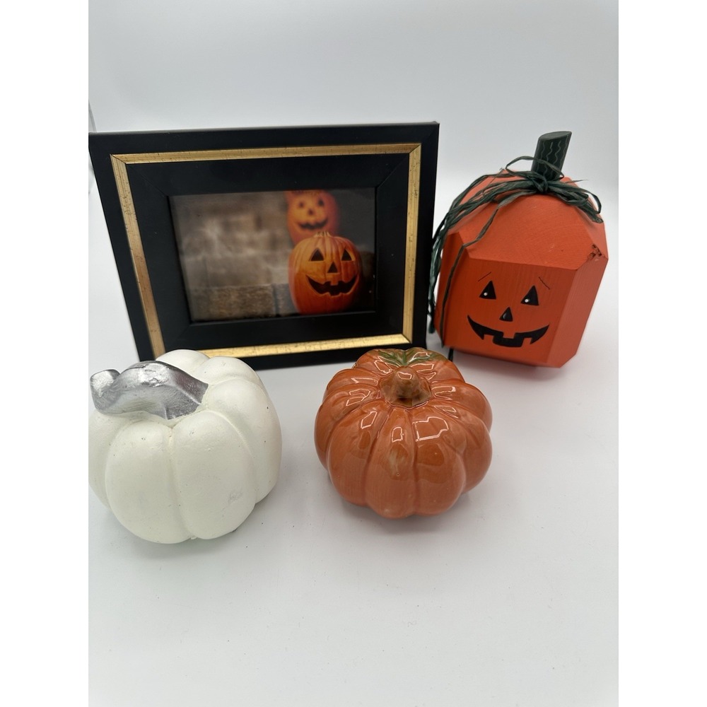 Halloween Pumpkin Decor Lot Ceramic Wood Jack O Lantern Frame Fall Decorations - Picture 1 of 9